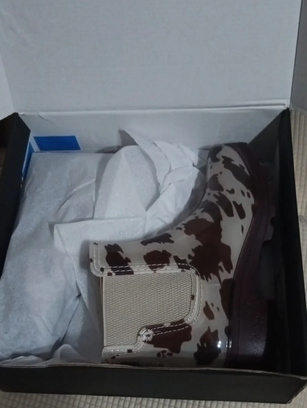 London Fog Women's Cow-Print Brown & Cream Ankle Rain Booties